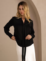 [Noir] SilkSilky-FR Long Sleeve Tie Neck Blouse 002