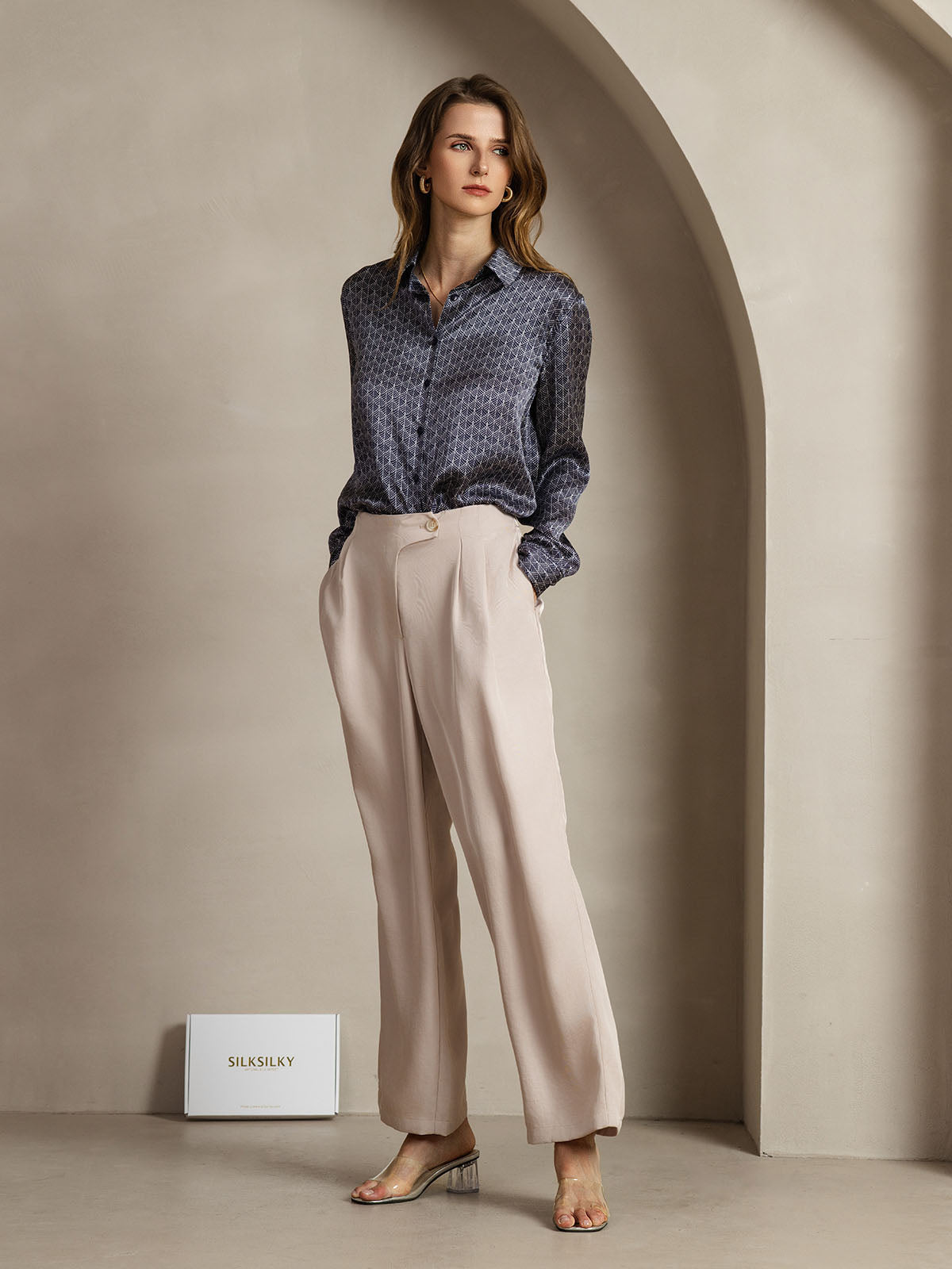 [Ginkgo Marine] SilkSilky-FR Soie Manches longues Col Chemise Femme Chemise 004