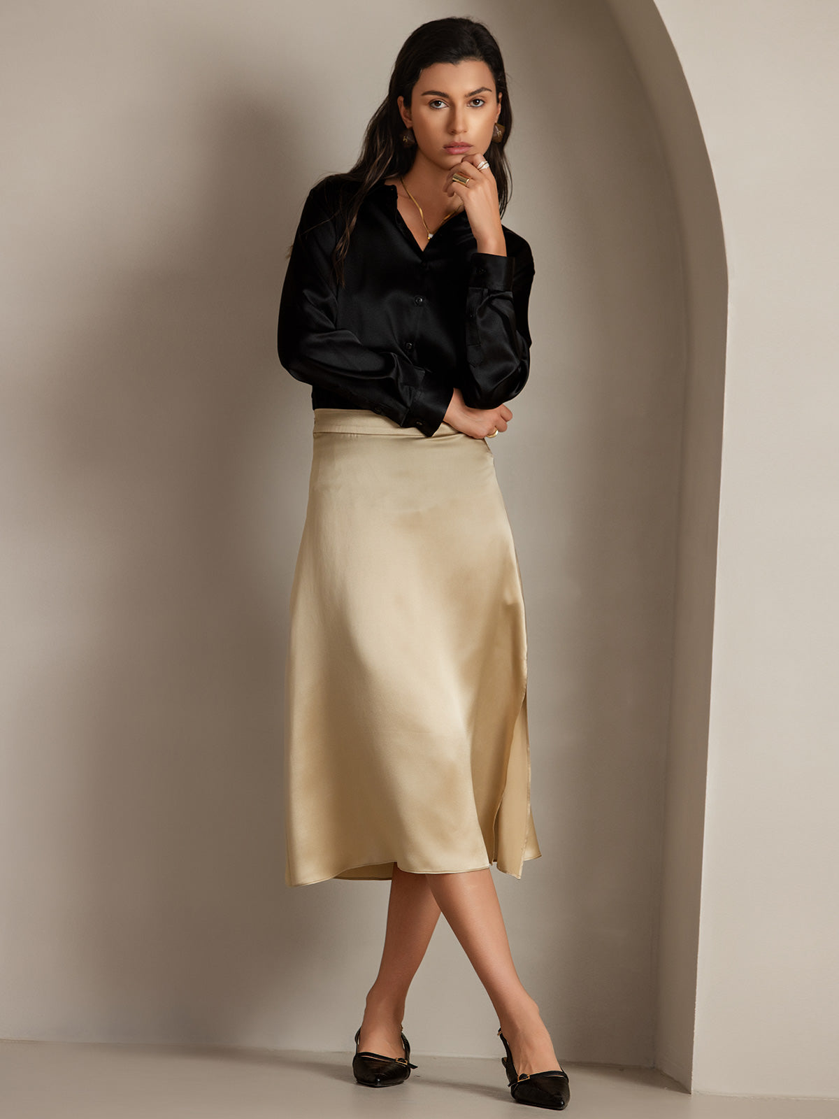 [Champagne] SilkSilky-FR 19Momme Soie Skirt 007