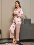 SilkSilky FR Pure Soie Manches longues Revers Femme Pyjamas Rose 005