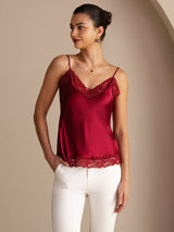 [Rouge Vineux] SilkSilky-FR Spaghetti Strap V Neck Top À Fines Brides 001