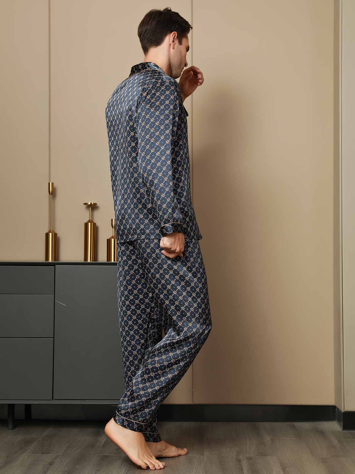 SilkSilky FR Pure Soie Manches longues Revers Homme Pyjamas BleuFoncé 003