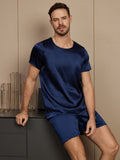 SilkSilky FR Pure Soie Manches courtes Col Rond Homme Pyjamas BleuFoncé 001