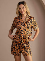 [Tigre Noir] SilkSilky-FR Short Sleeve Lapel Collar Femme Pyjamas 005