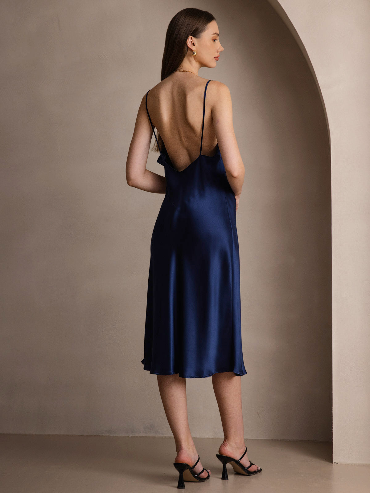 [Bleu Foncé] SilkSilky-FR 19Momme Pure Soie Col en V Robes 002