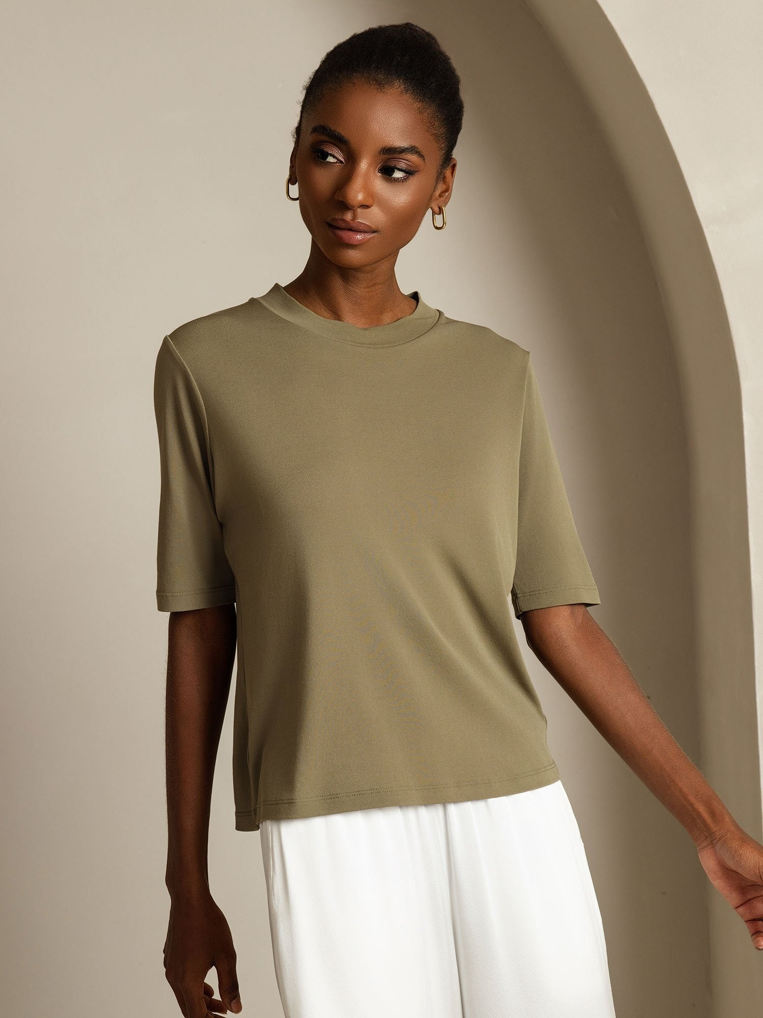 [Olive Brûlée] SilkSilky-FR Soie Col Rond Femme T-Shirt 007