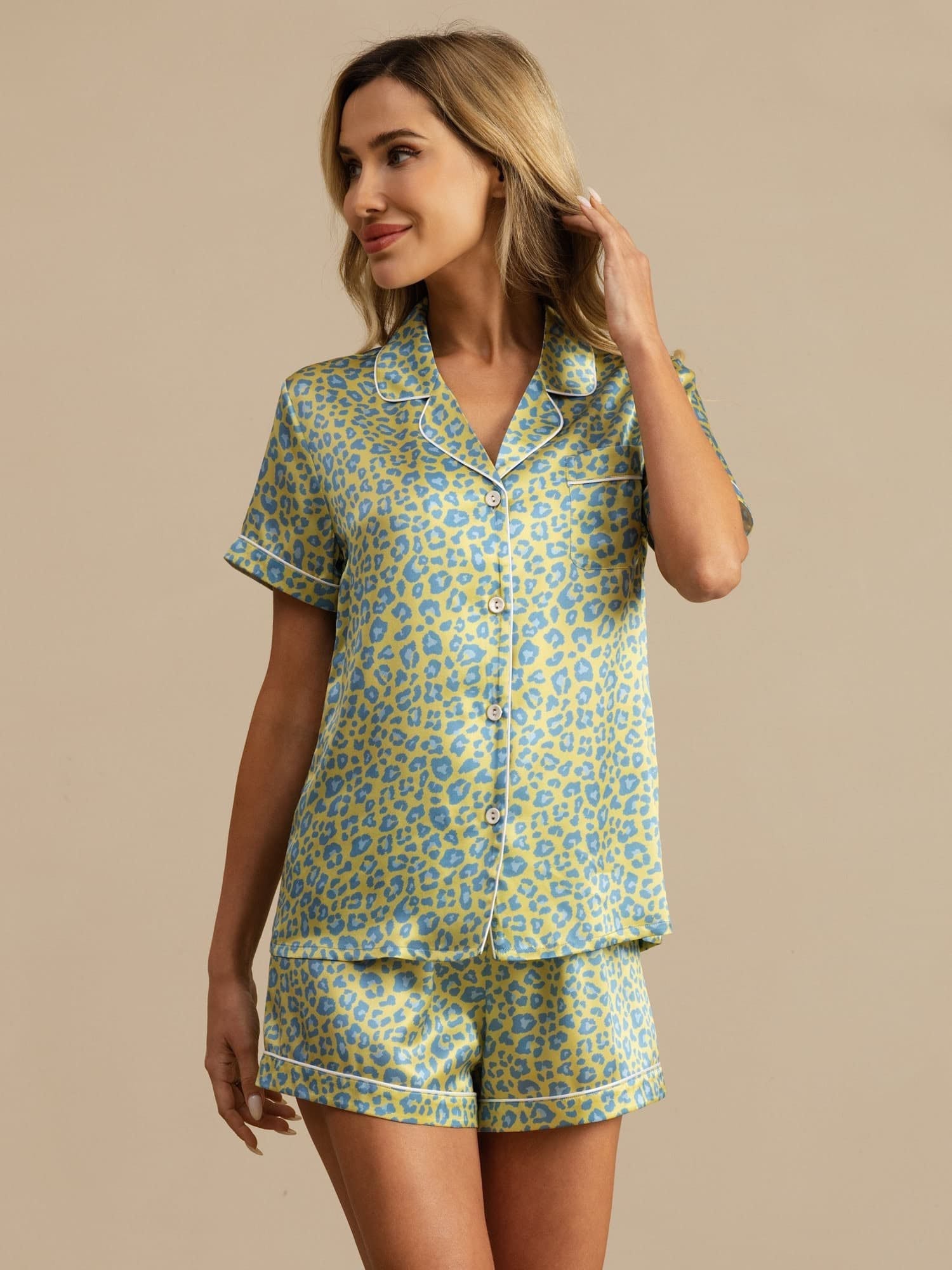 [Léopard Vert] SilkSilky-FR 19Momme Manches courtes Col Cranté Femme Pyjamas 004