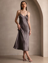 [Kaki Foncé] SilkSilky-FR Sleeveless V Neck Robes 001
