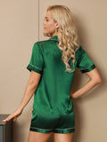 SilkSilky-FR Pure Soie Manches courtes Revers Femme Pyjamas Vert 002