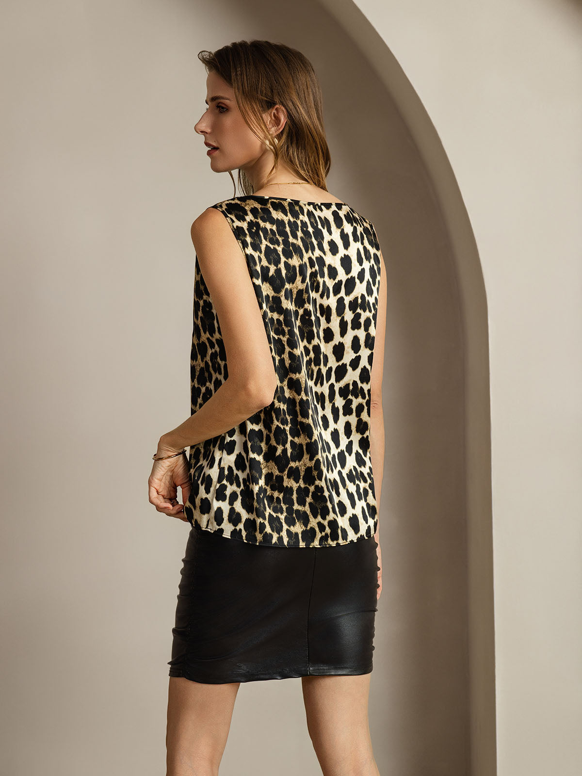 [Leopard] SilkSilky-FR 19Momme Soie Col Rond Top À Fines Brides 002