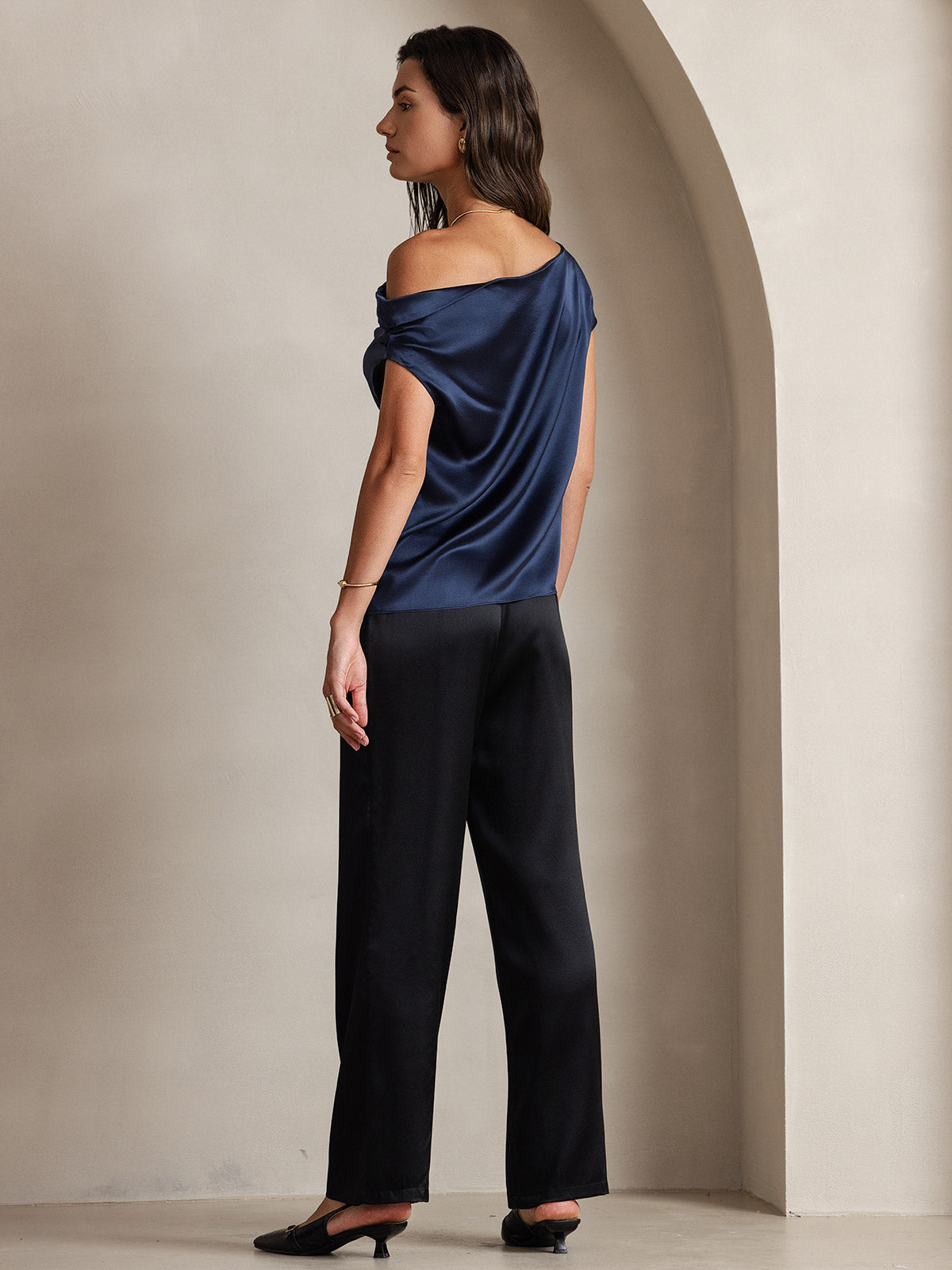 [Bleu Foncé] SilkSilky-FR 19Momme Soie Womens T-Shirt 002