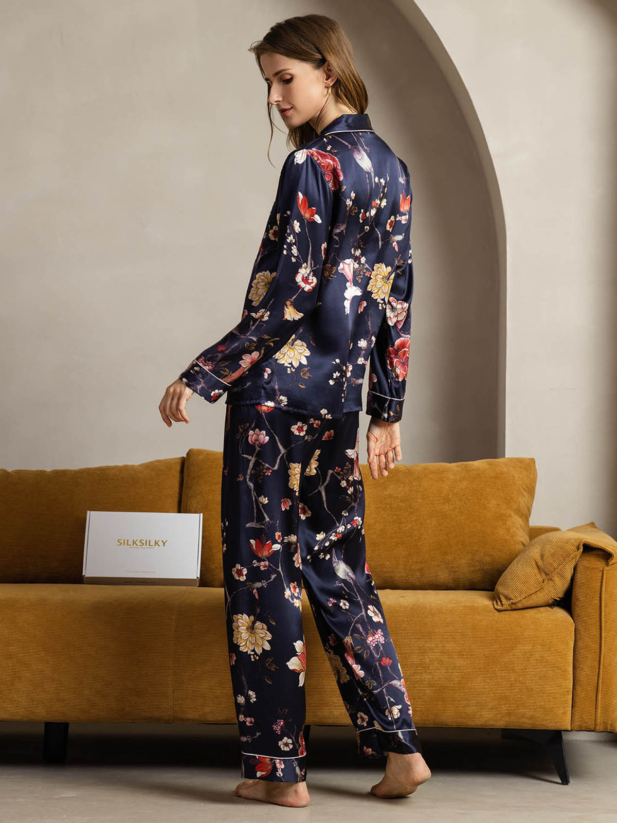 [Floral Marine] SilkSilky-FR Pure Soie Womens Pajamas 002