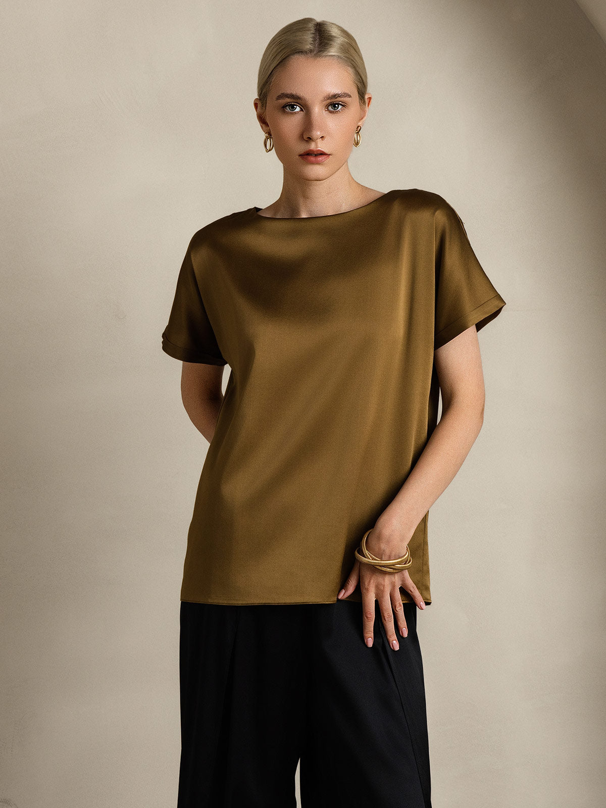 [Brun] SilkSilky-FR 19Momme Soie Col Rond Femme T-Shirt 006