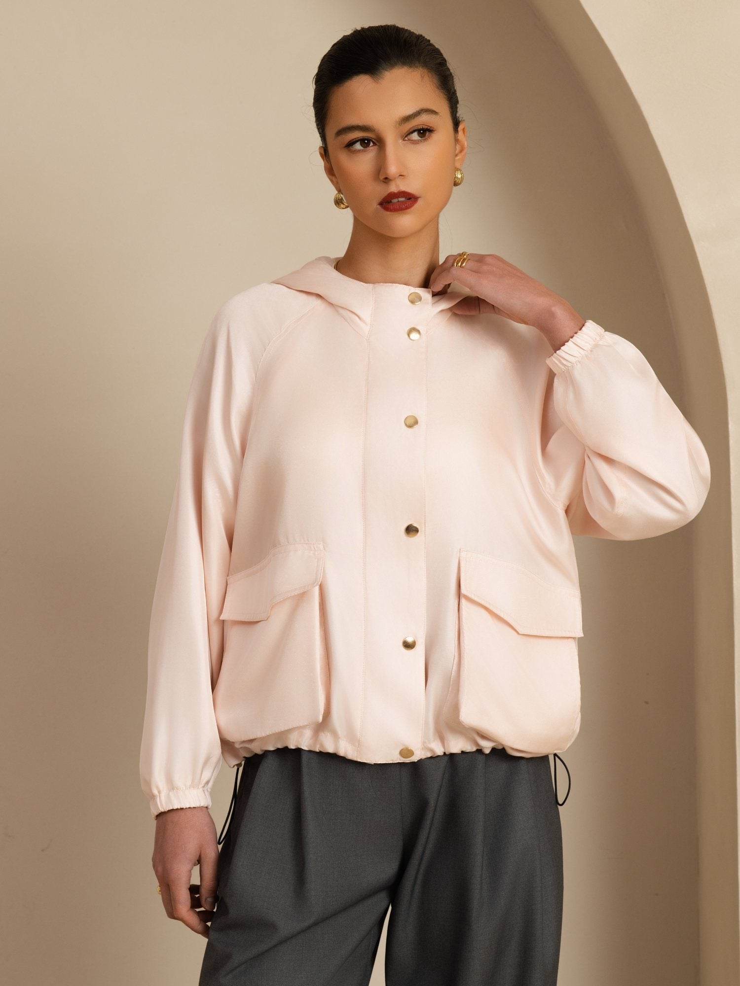 [Rose] SilkSilky-FR Manches longues Col Haut Femme Manteaux 003