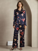 [Floral Marine] SilkSilky-FR 19Momme Soie Col Chemise Women''s Outfit Sets 001
