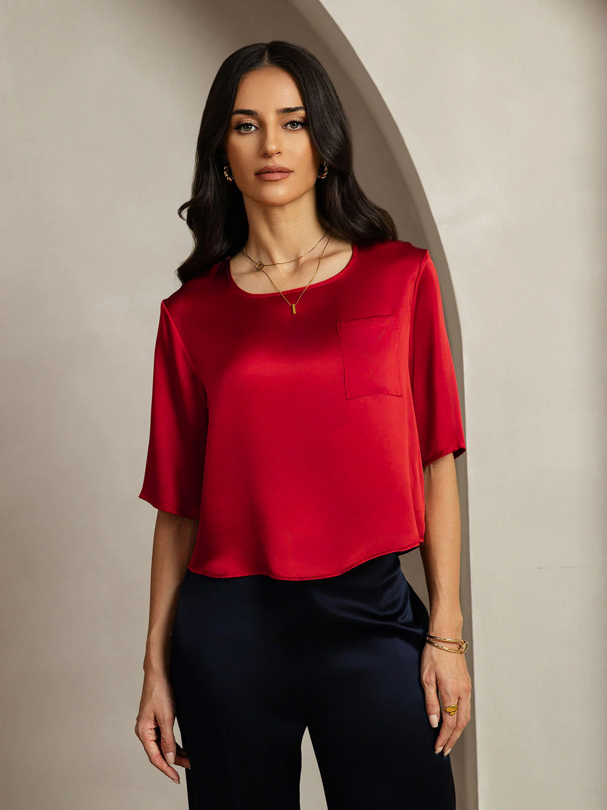 [Rouge Foncé] SilkSilky-FR Pure Soie Col Bateau Femme T-Shirt 003