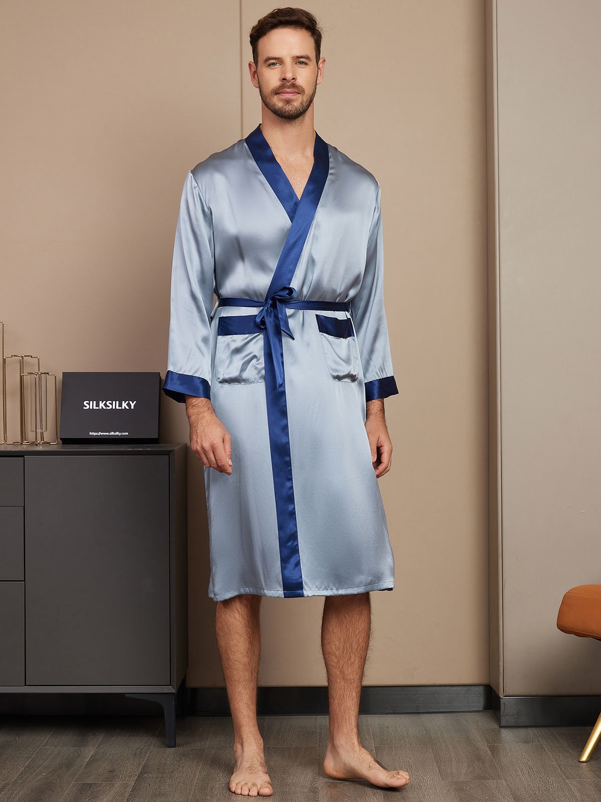 SilkSilky FR Pure Soie Manches longues Mens Robe BleuGrisâtre 001