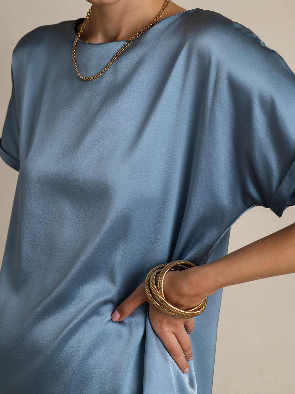 [Bleu Grisâtre] SilkSilky-FR 19Momme Soie Col Rond Femme T-Shirt 008