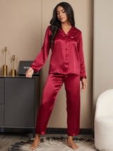 [Rouge Vineux] SilkSilky-FR Long Sleeve Lapel Collar Femme Pyjamas 001