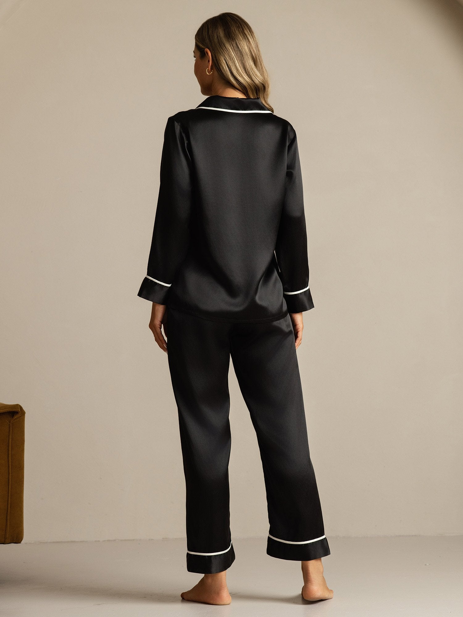 [Noir] SilkSilky-FR Soie Col Chemise Femme Pyjamas 002