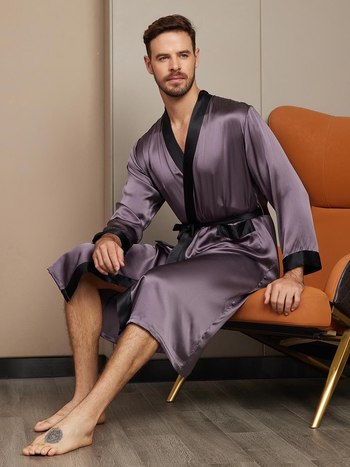 SilkSilky FR Pure Soie Manches longues Mens Robe GrisPourpre 005