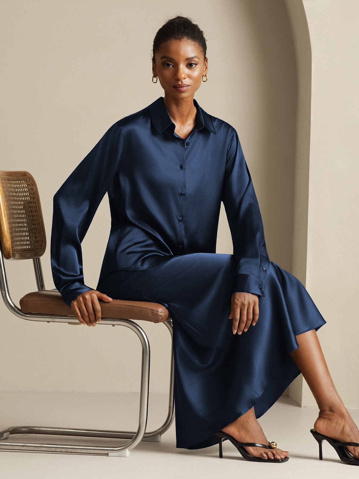 [Bleu Foncé] SilkSilky-FR 19Momme Soie Col Chemise Women''s Outfit Sets 001,