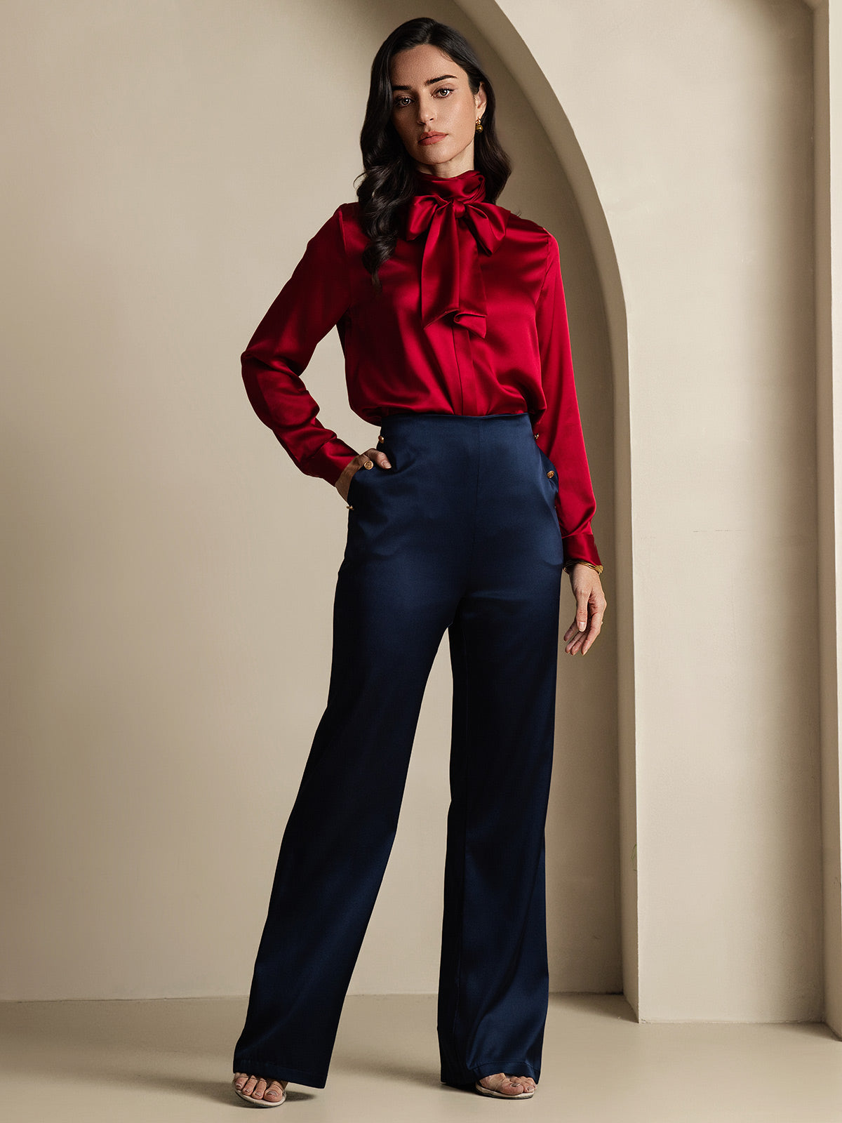 [Bleu Foncé] SilkSilky-FR 19Momme Femme Pantalons 001