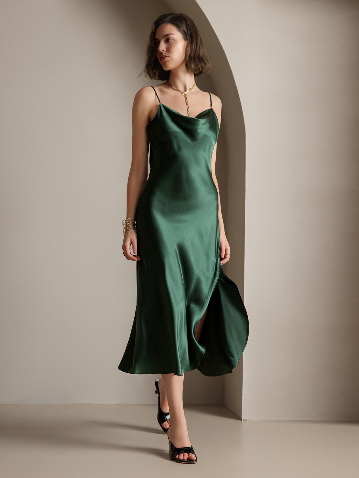 [Vert Foncé] SilkSilky-FR 19Momme Pure Soie Col Bénitier Robes 001