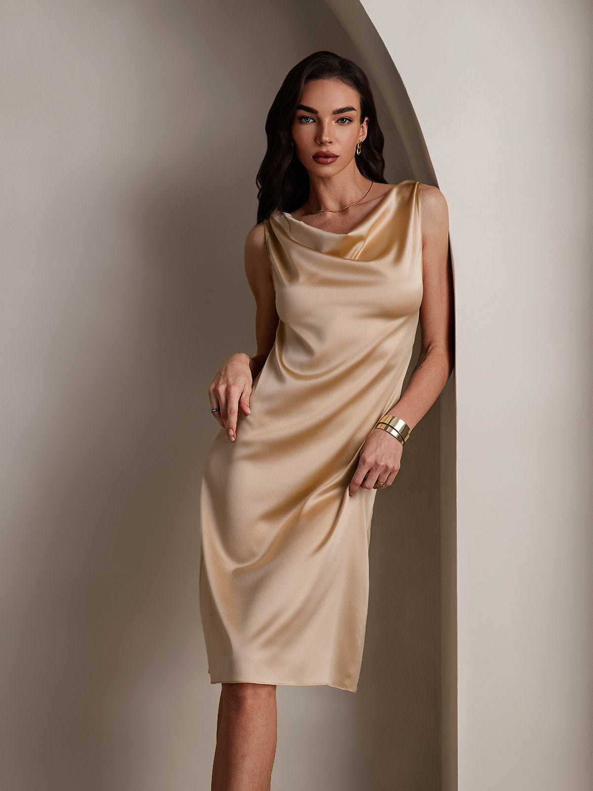 [Champagne] SilkSilky-FR 19Momme Soie Sans manches Col Bénitier Robes 001