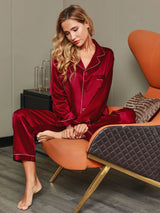 [Rouge Vineux] SilkSilky-FR Long Sleeve Lapel Collar Femme Pyjamas 008