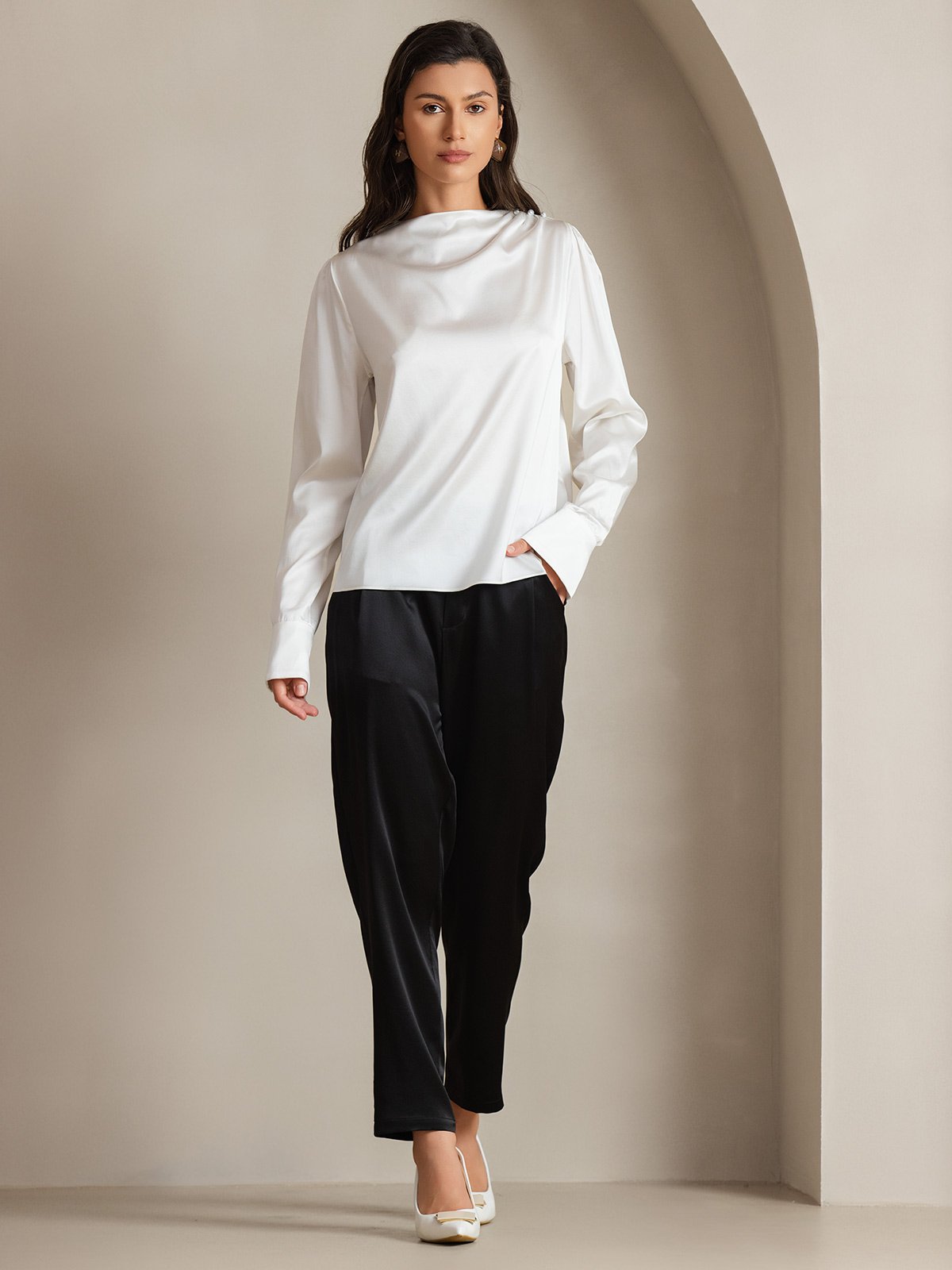 [Blanc] SilkSilky-FR 19Momme Soie Womens Shirt 007