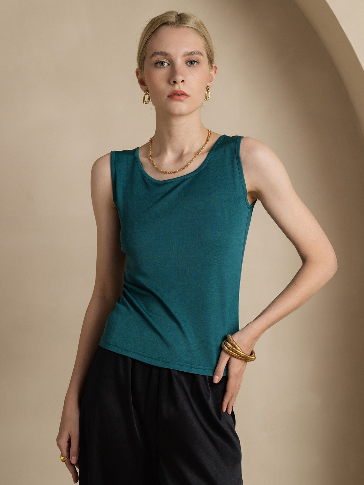 [Vert Foncé] SilkSilky-FR Soie Tricotée Col Rond Femme T-Shirt 001