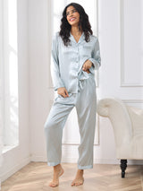 [Bleu Clair] SilkSilky-FR Long Sleeve Lapel Collar Femme Pyjamas 004