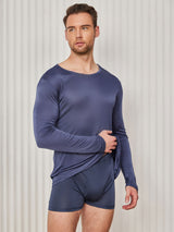 [Bleu Foncé] SilkSilky-FR Long Sleeve Round Neck Homme T-Shirt 003