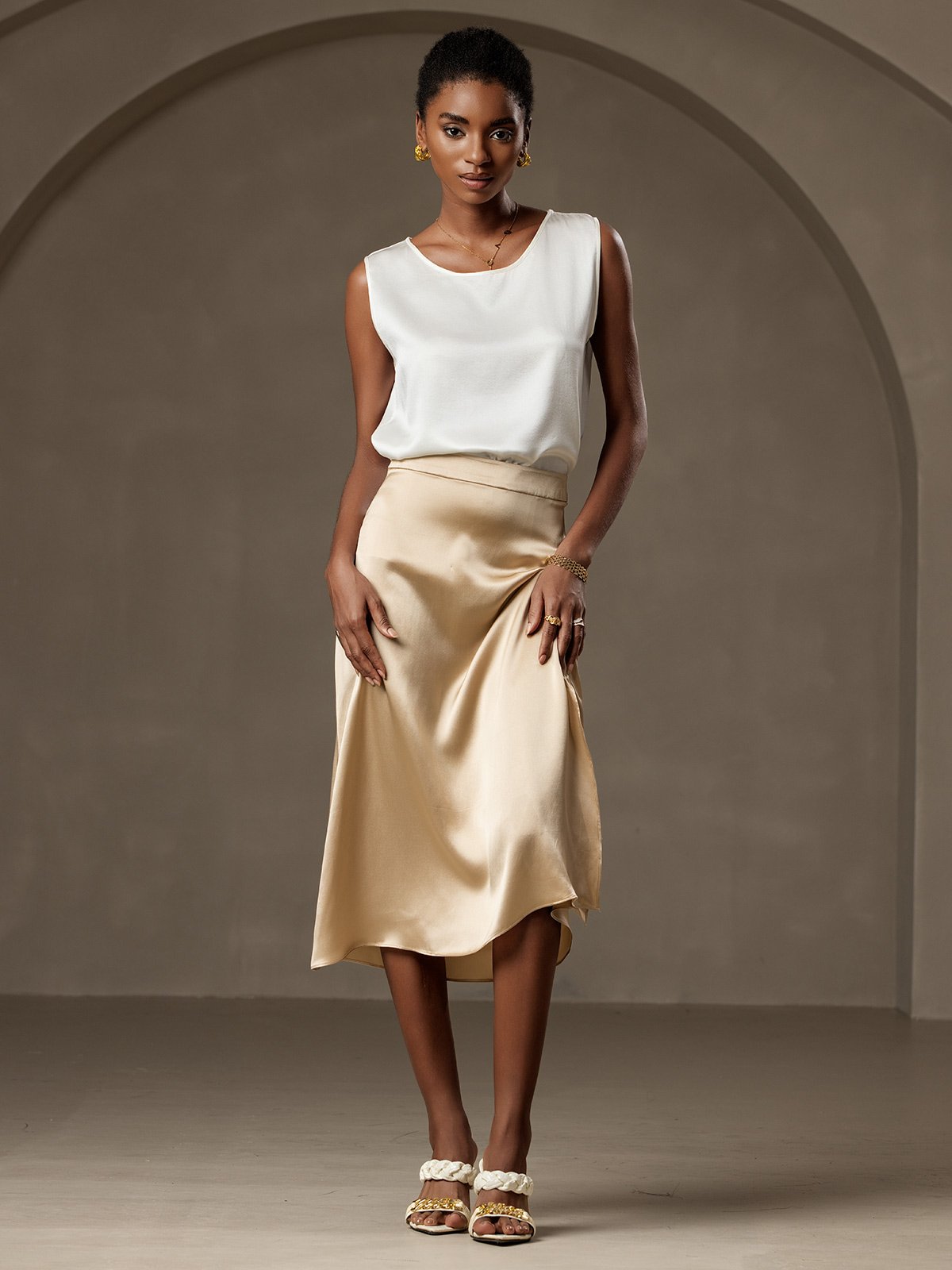 [Blanc] SilkSilky-FR 19Momme Soie Col Rond Top À Fines Brides 006