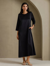 [Noir] SilkSilky-FR 3/4 Sleeve Round Neck Robes 001