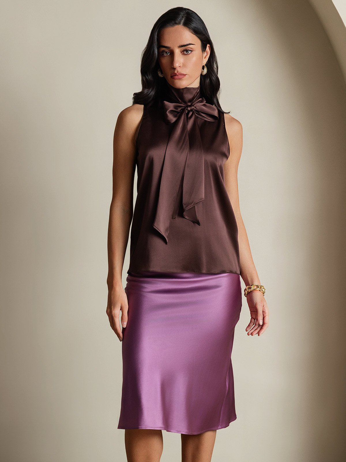 SilkSilky-FR 19Momme Soie Nœud à l'encolure Femme Chemise Café 004