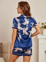 [Bleu Foncé] SilkSilky-FR Short Sleeve Lapel Collar Femme Pyjamas 003