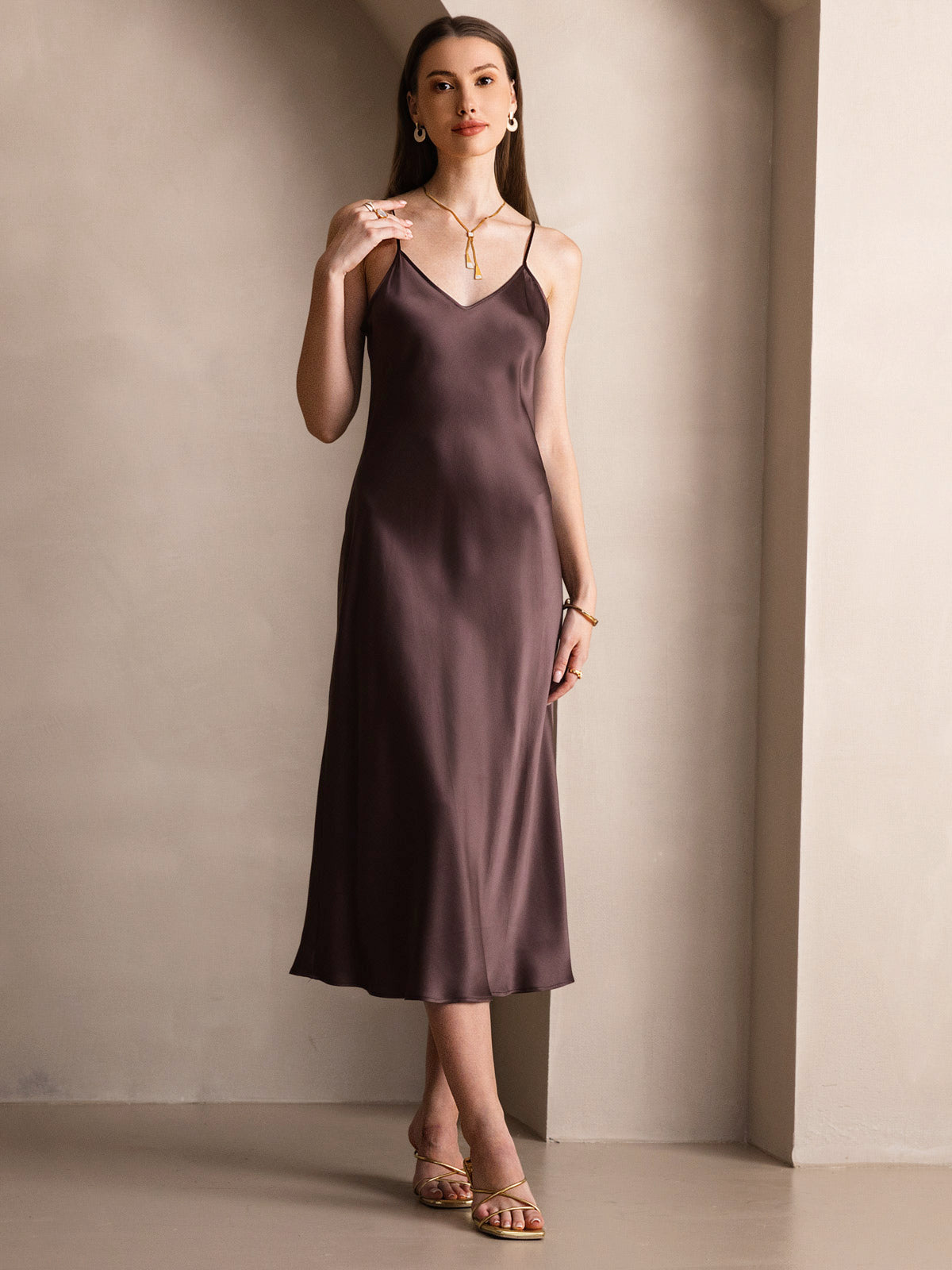 [Café] SilkSilky-FR Pure Soie Col Rond Robes 005