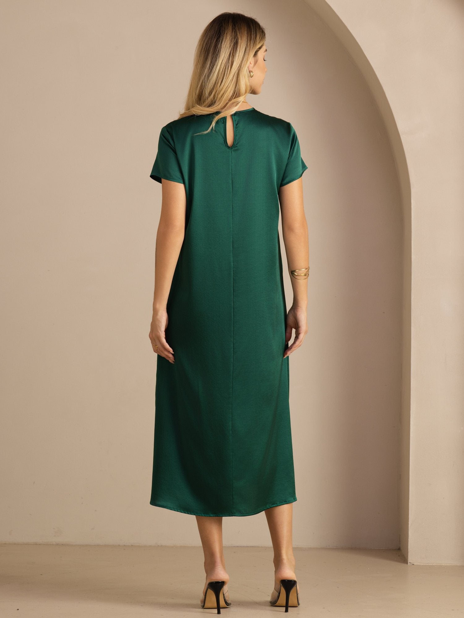 [Vert Foncé] SilkSilky-FR Short Sleeve Round Neck Robes 002