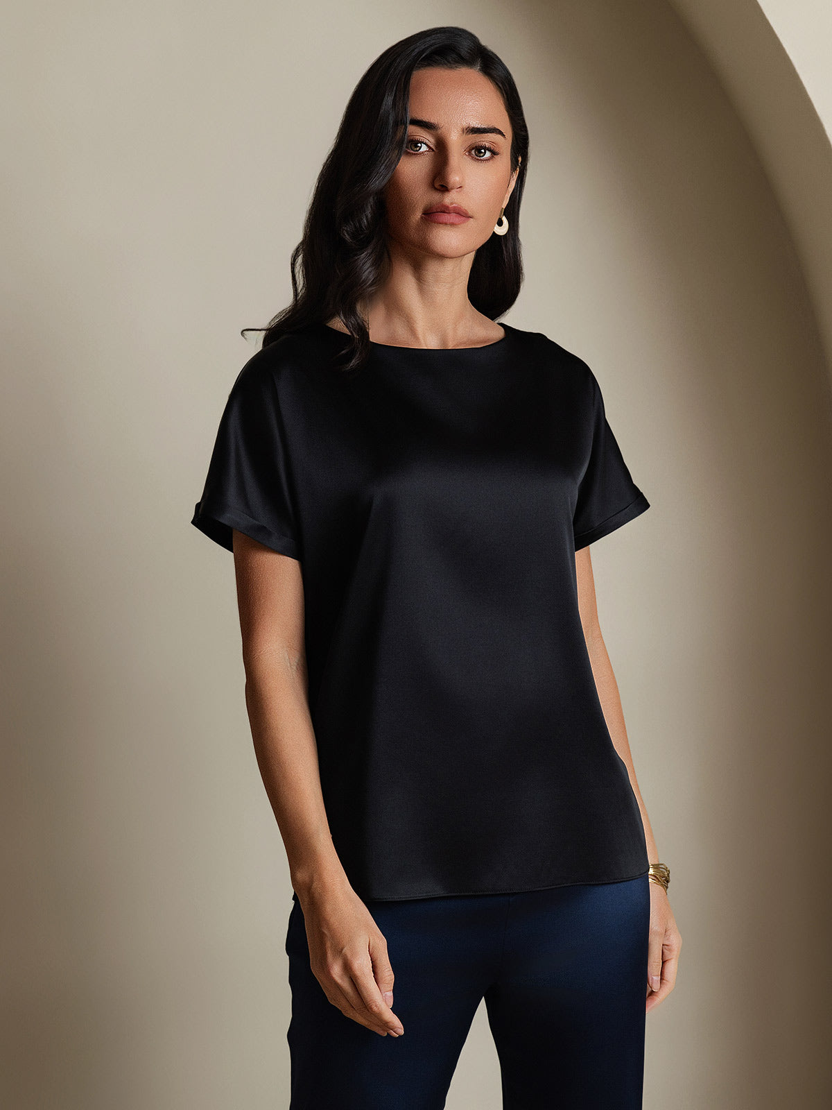 [Noir] SilkSilky-FR 19Momme Soie Col Rond Femme T-Shirt 001