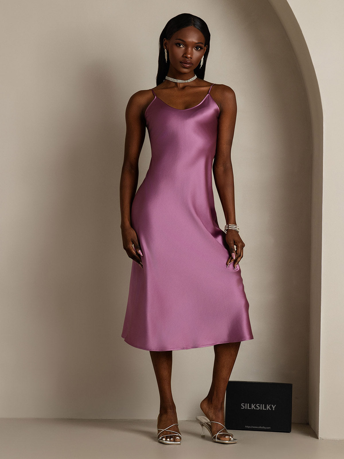 [Violet Foncé] SilkSilky-FR Pure Soie Col Rond Robes 003