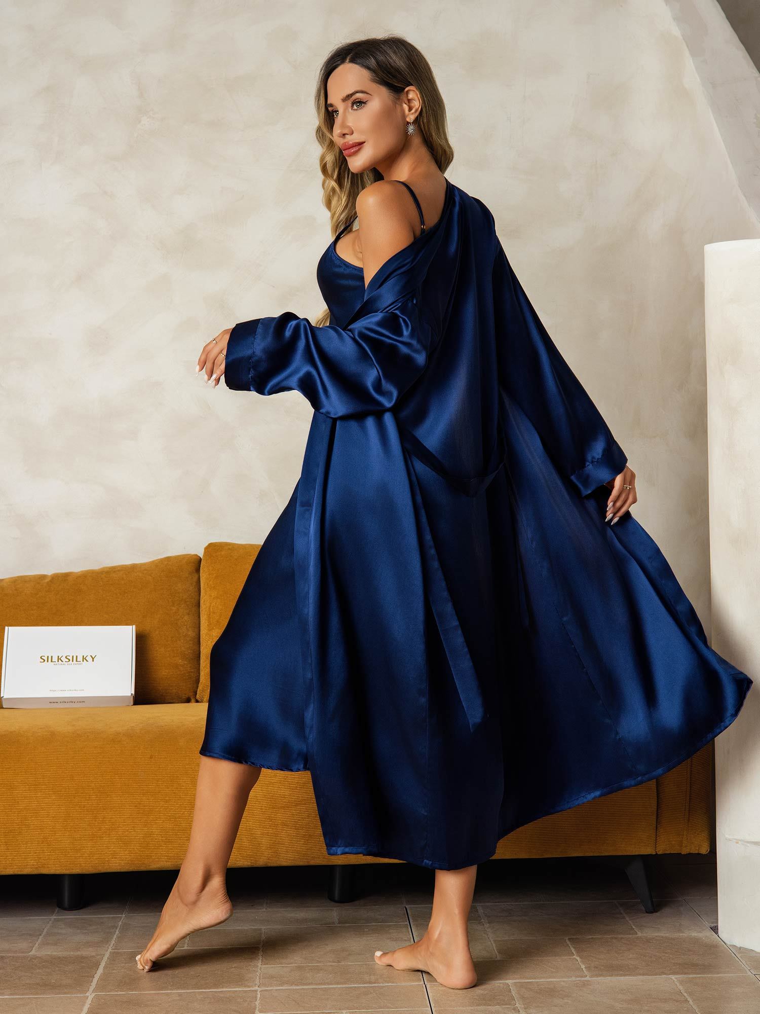 [BleuFoncé] SilkSilky-FR Soie Nightgown&Robe Set 002