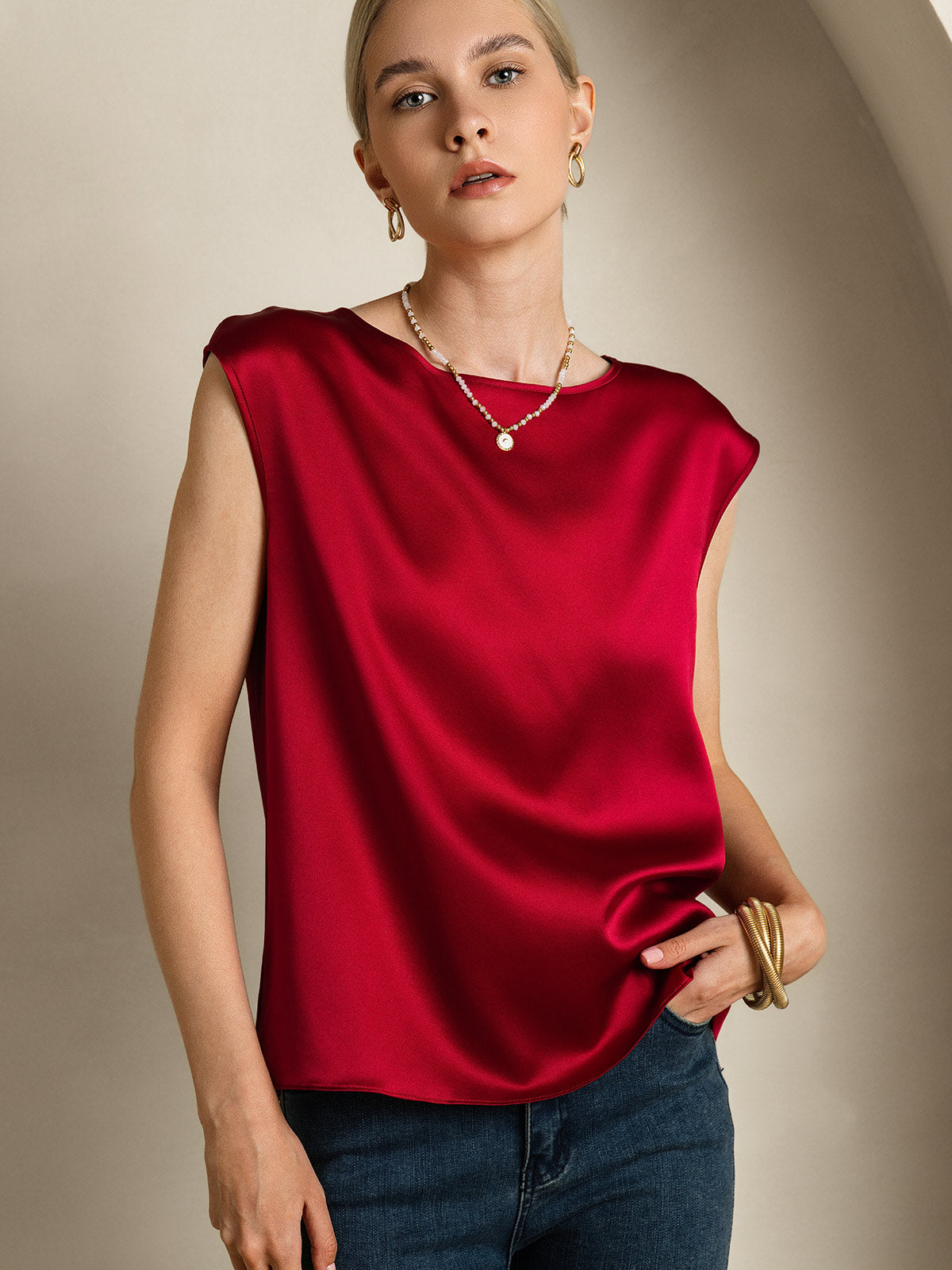 [Rouge Vineux] SilkSilky-FR 19Momme Soie Col Rond Femme T-Shirt 003