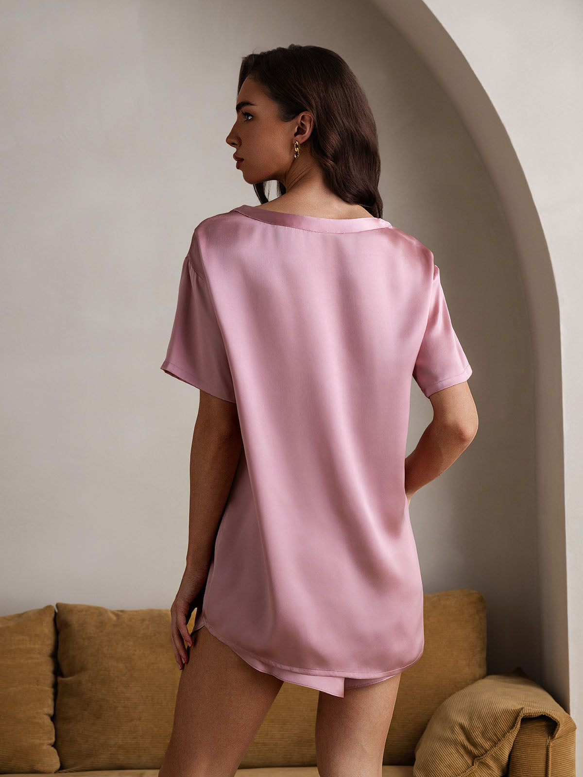 [Mauve Pâle] SilkSilky-FR Pure Soie Col Rond Femme Pyjamas 003