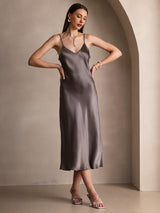 [Kaki Foncé] SilkSilky-FR Sleeveless V Neck Robes 001