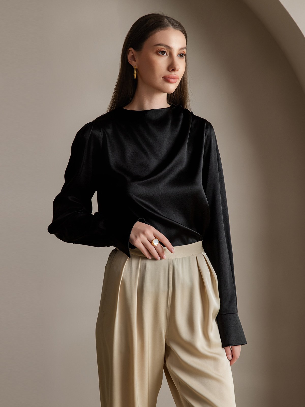 [Noir] SilkSilky-FR 19Momme Soie Womens Shirt 005
