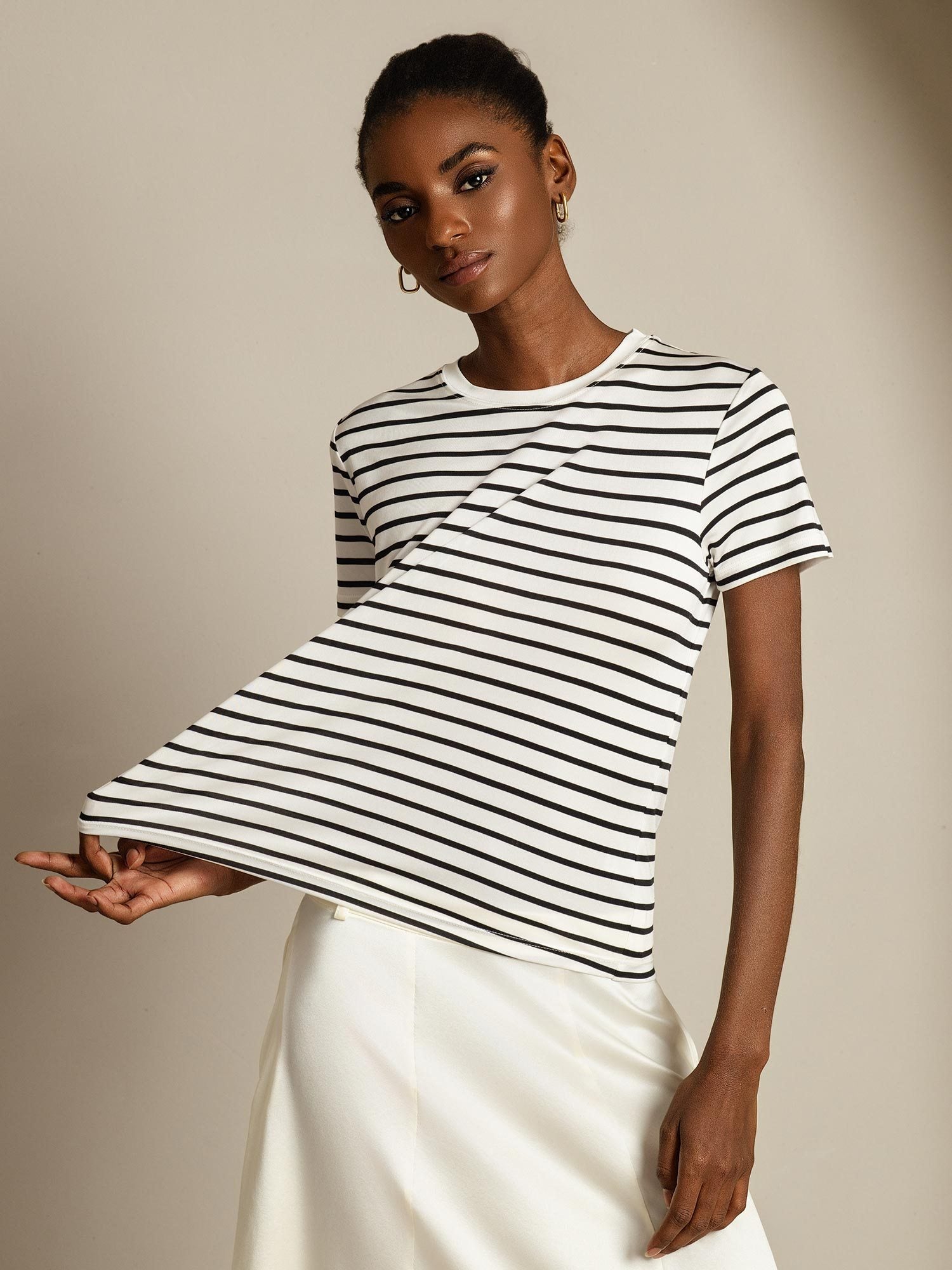[RayureBlanche] SilkSilky-FR Soie Col Rond Femme T-Shirt 001