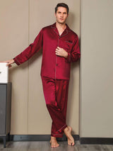 [Rouge Vineux] SilkSilky-FR Pure Soie Manches longues Revers Homme Pyjamas 004