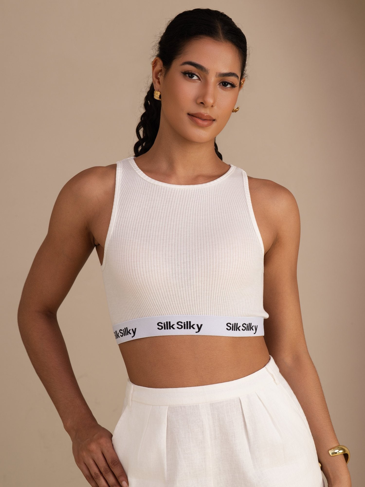 [Blanc] SilkSilky-FR Sleeveless Crew Neck Top À Fines Brides 001